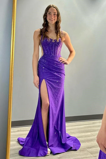 Sparkly Violet Corset Ruched Long Formal Dress with Beading