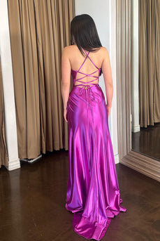 Purple Ruched Lace Up Back Long Formal Dress with Slit