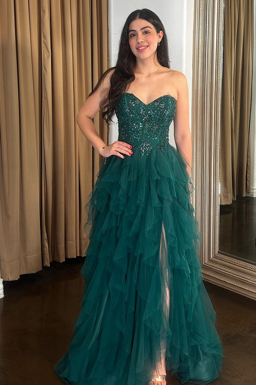 Sparkly Dark Green Corset Long Formal Dress with Appliques