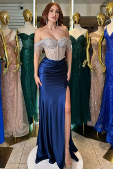 Sparkly Navy Corset Beaded Long Formal Dress with Slit