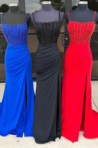 Sparkly Royal Blue Beaded Long Formal Dress with Slit