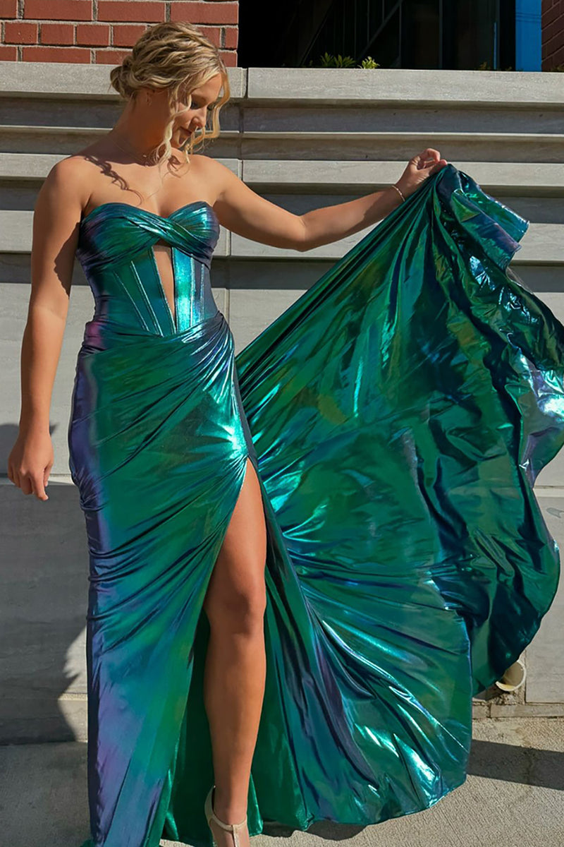 Load image into Gallery viewer, Dark Green Metallic Corset Sweetheart Long Formal Dress with Slit