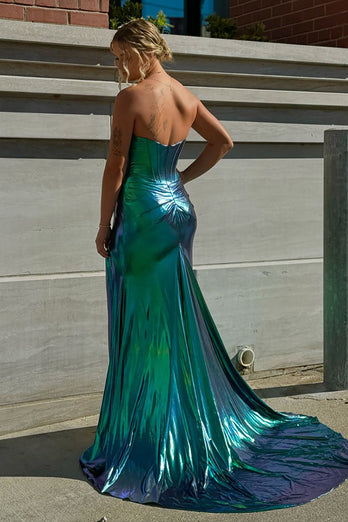 Dark Green Metallic Corset Sweetheart Long Formal Dress with Slit