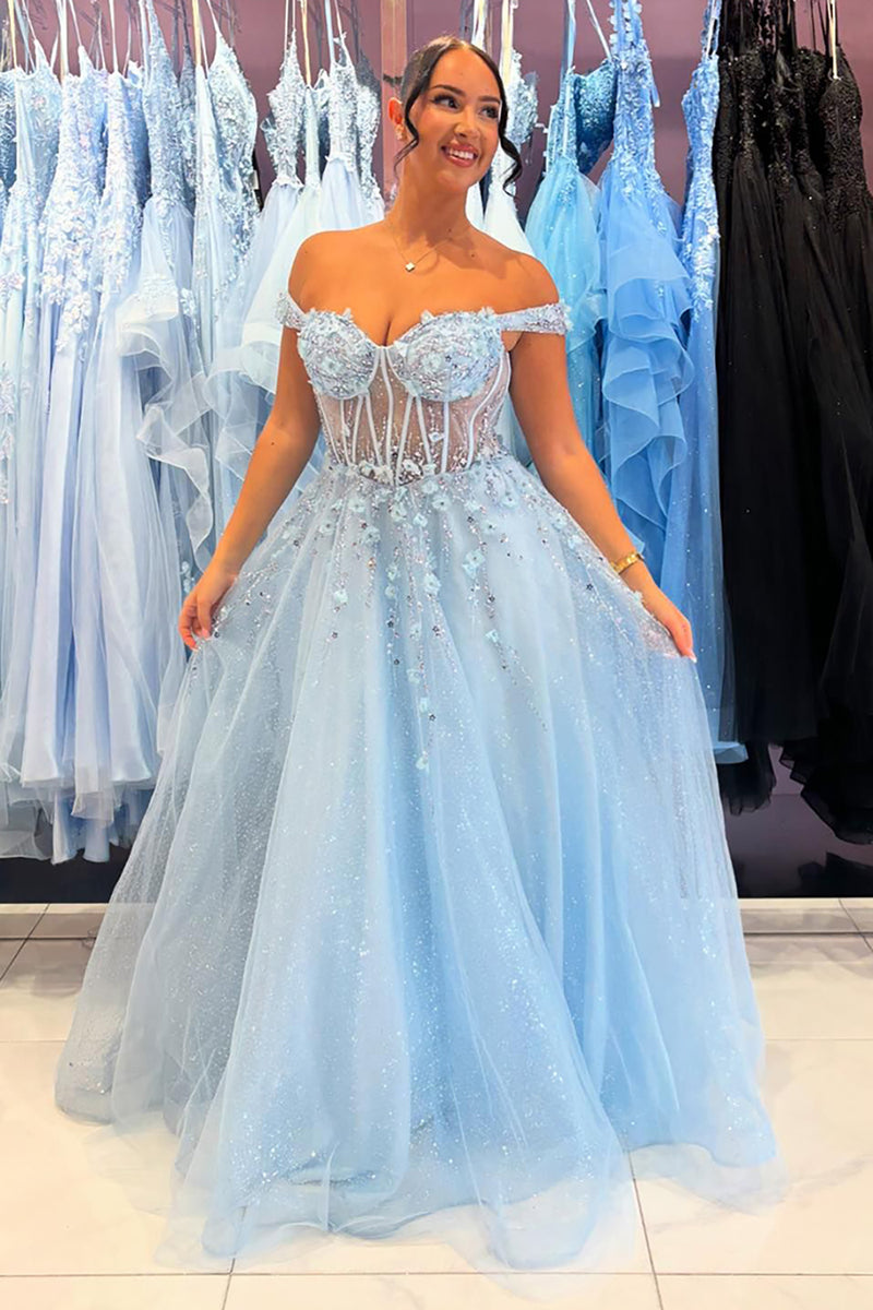 Load image into Gallery viewer, Sparkly Sky Blue Corset Appliqued Long Formal Dress