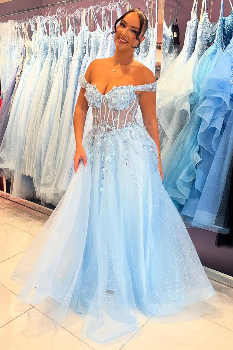 Load image into Gallery viewer, Sparkly Sky Blue Corset Appliqued Long Formal Dress