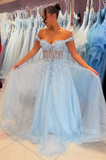 Sparkly Sky Blue Corset Appliqued Long Formal Dress