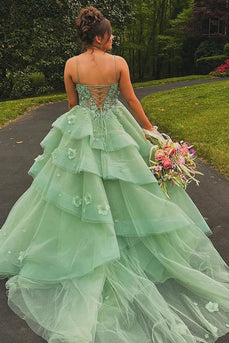 Floral Sage Corset A Line Long Formal Dress with Appliques