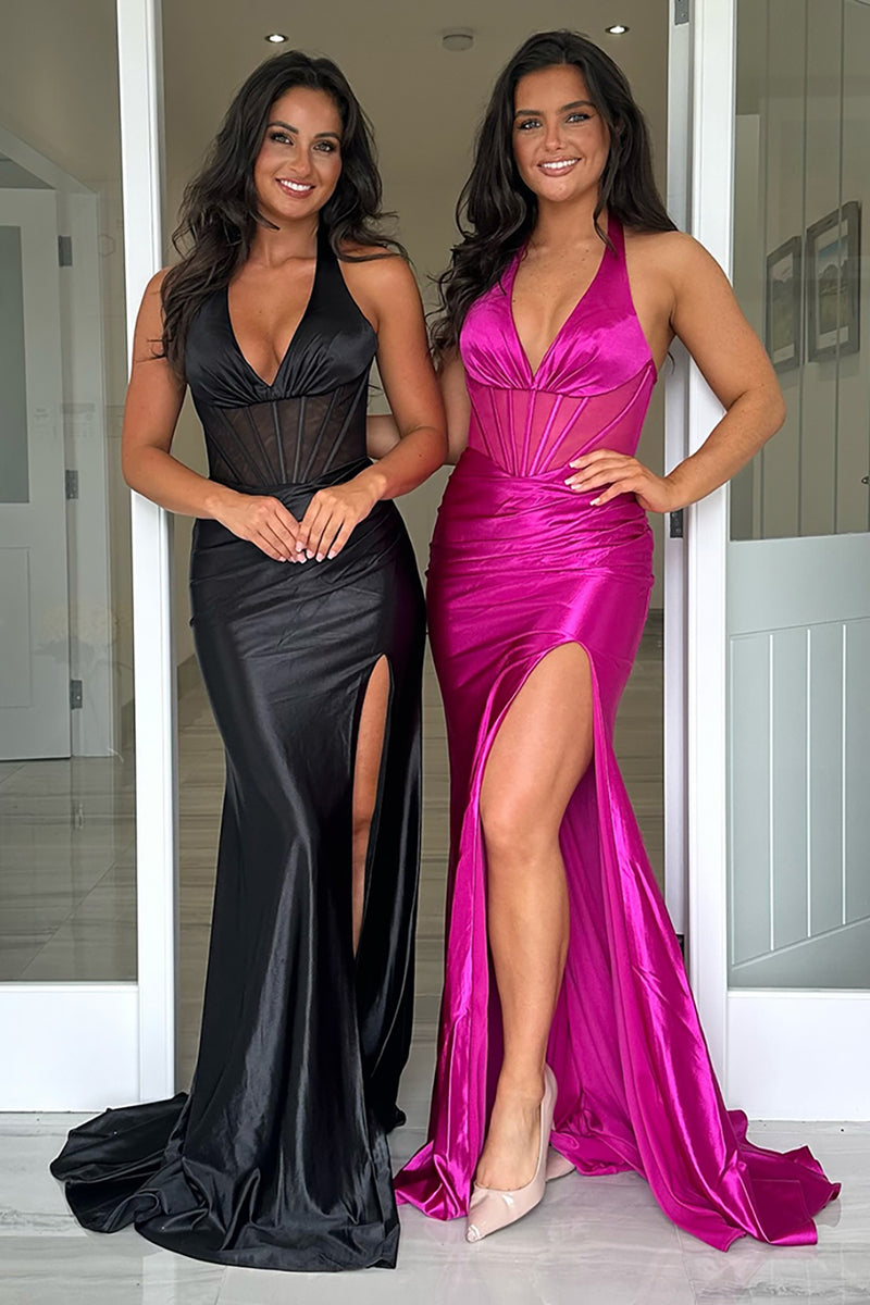 Load image into Gallery viewer, Black Corset Halter V-Neck Long Satin Formal Dress with Slit