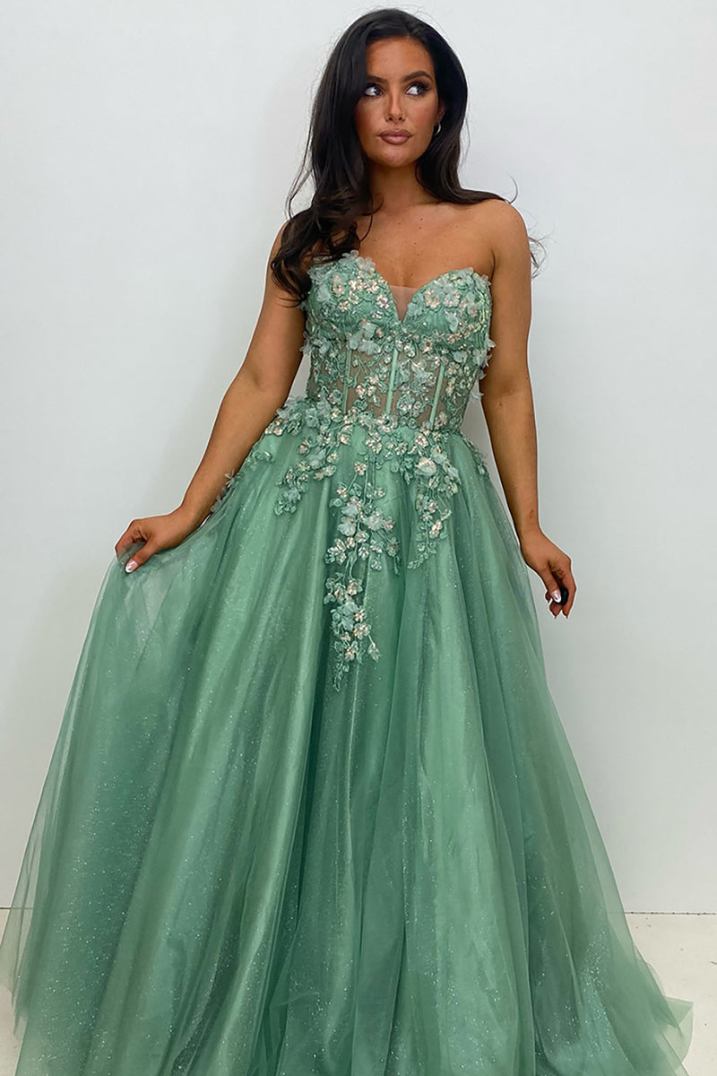 Load image into Gallery viewer, Sparkly Sage A Line Corset Long Formal Dress with Appliques