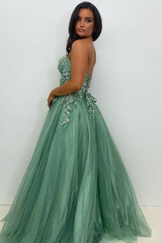 Sparkly Sage A Line Corset Long Formal Dress with Appliques