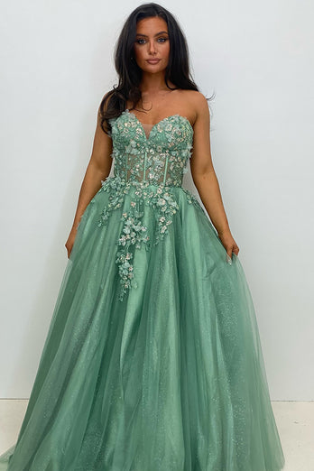 Sparkly Sage A Line Corset Long Formal Dress with Appliques