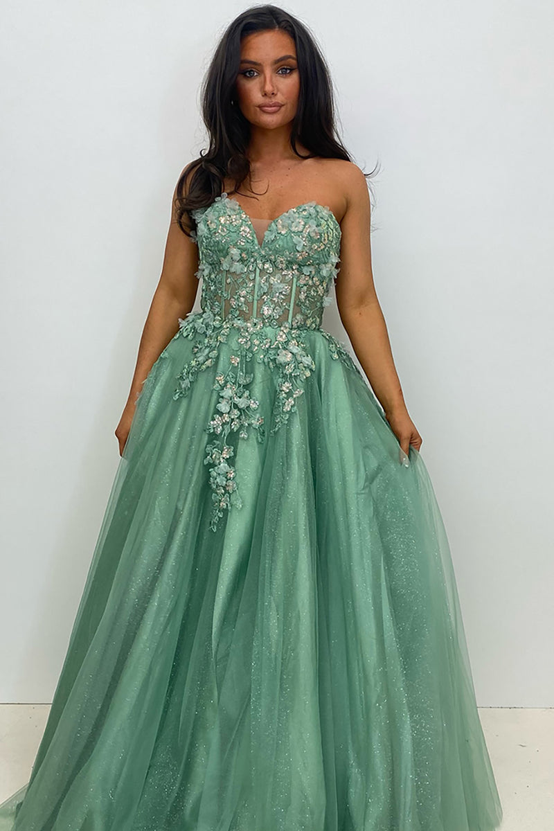 Load image into Gallery viewer, Sparkly Sage A Line Corset Long Formal Dress with Appliques