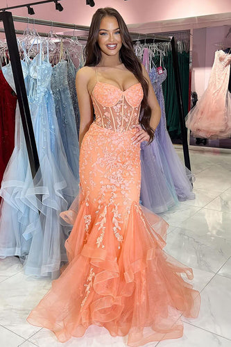 Floral Orange Corset Mermaid Long Formal Dress