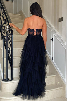 Black A Line Corset Tiered Long Formal Dress with Slit