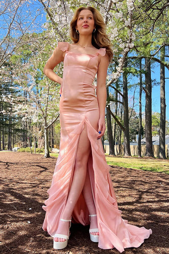 Blush Mermaid Spaghetti Straps Long Formal Dress with Ruffles Slit