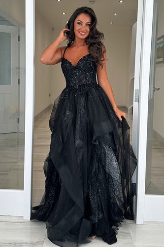 Sparkly Black Corset Tiered Long Formal Dress with Appliques