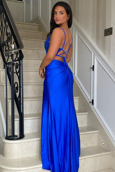 Sparkly Royal Blue Corset Long Formal Dress with Slit