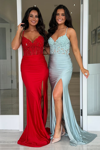 Sparkly Royal Blue Corset Long Formal Dress with Slit