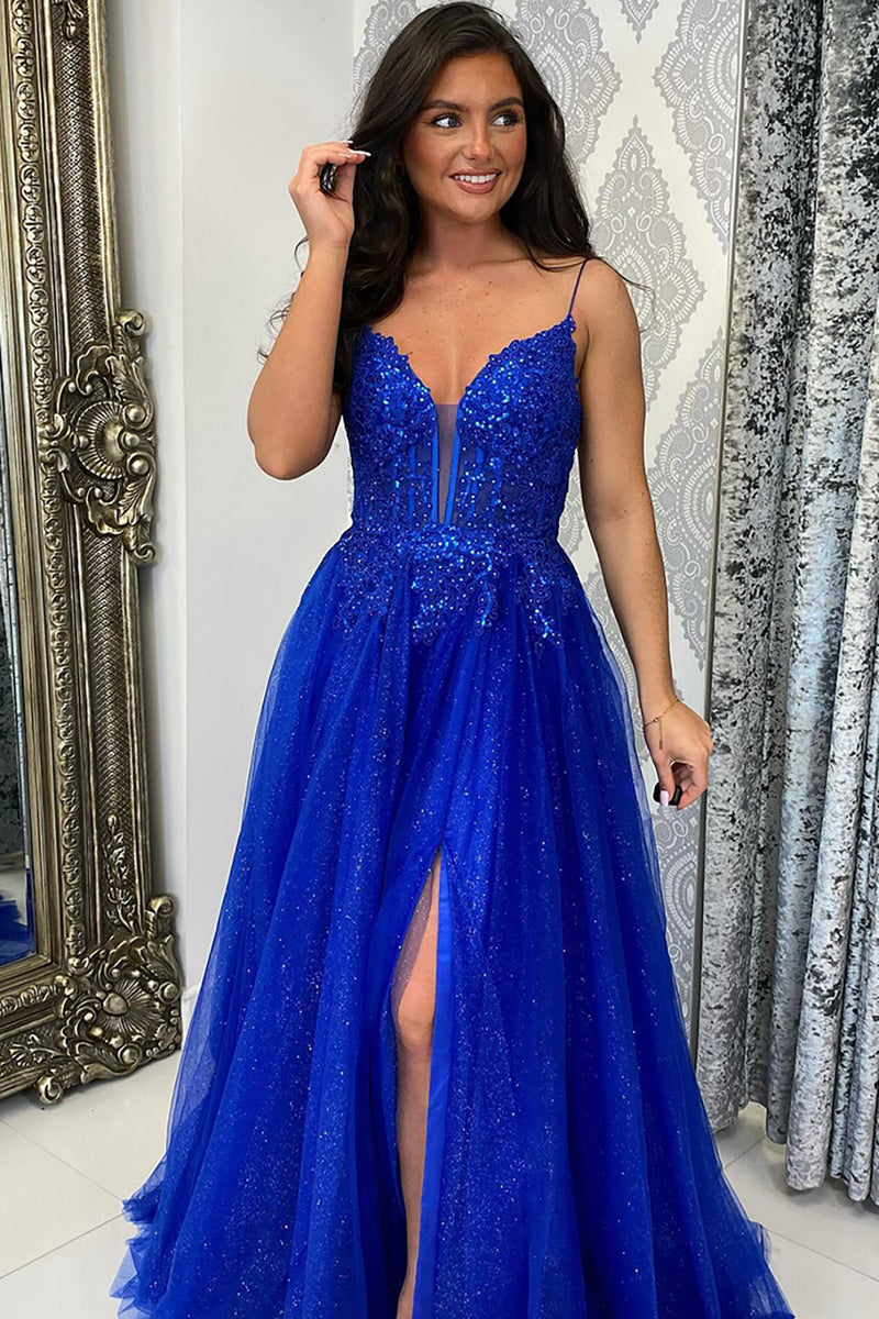 Load image into Gallery viewer, Sparkly Royal Blue Corset Long Formal Dress with Slit