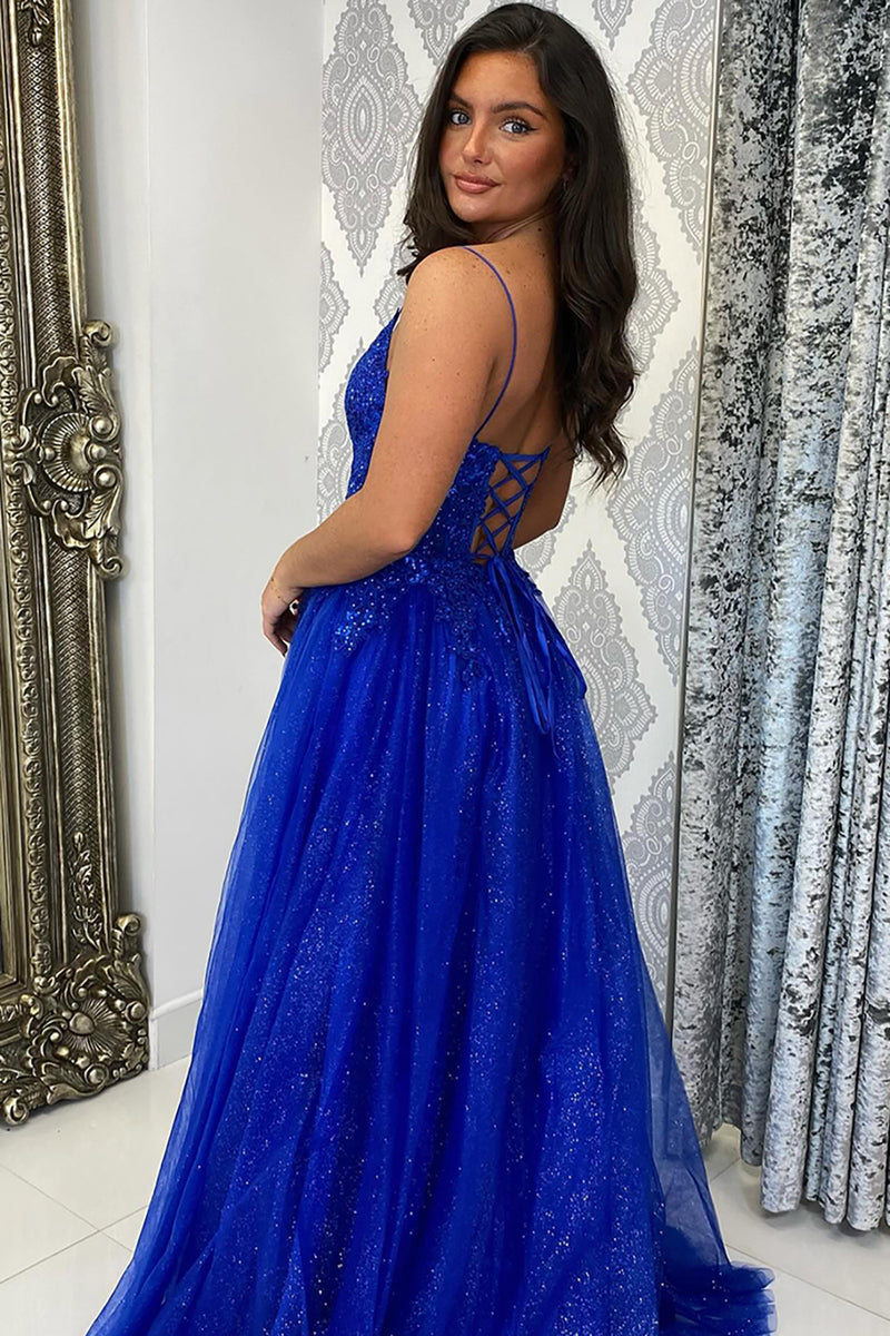 Load image into Gallery viewer, Sparkly Royal Blue Corset Long Formal Dress with Slit