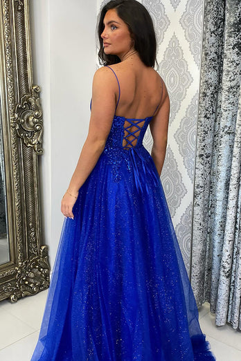 Sparkly Royal Blue Corset Long Formal Dress with Slit