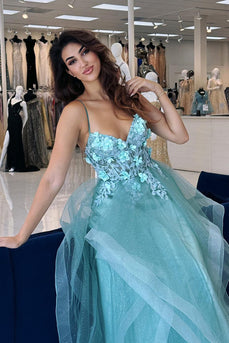 Sparkly Blue Corset Tiered Long Formal Dress with Appliques