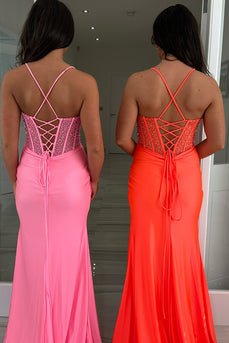 Sparkly Pink Beaded Corset Long Satin Formal Dress with Slit