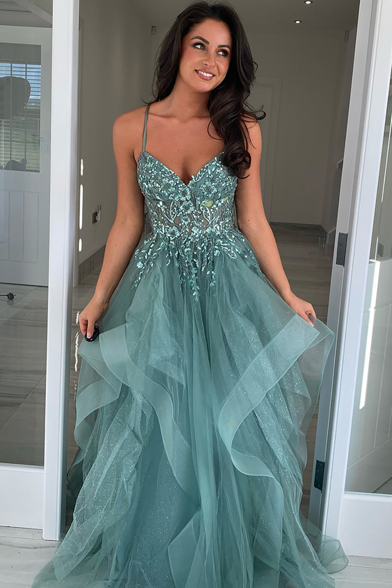 Load image into Gallery viewer, Sparkly Grey Green Corset A Line Tiered Long Formal Dress