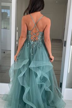 Sparkly Grey Blue Corset A Line Tiered Long Formal Dress