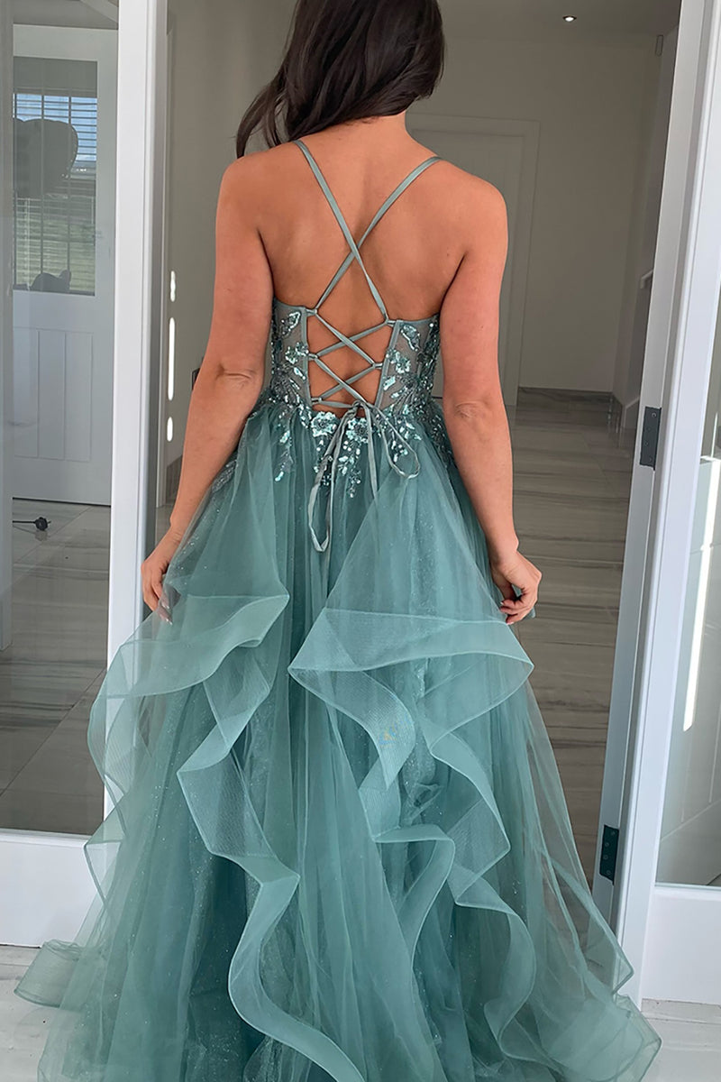 Load image into Gallery viewer, Sparkly Grey Green Corset A Line Tiered Long Formal Dress