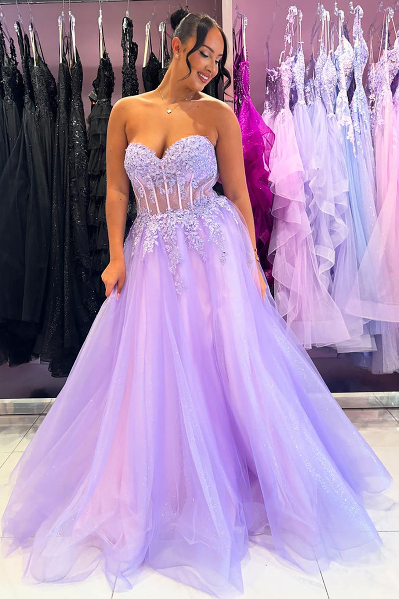 Load image into Gallery viewer, Sparkly Lilac A Line Corset Sweetheart Long Formal Dress