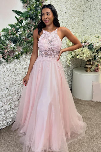 Sparkly Pink Floral Tulle Appliqued Long Formal Dress