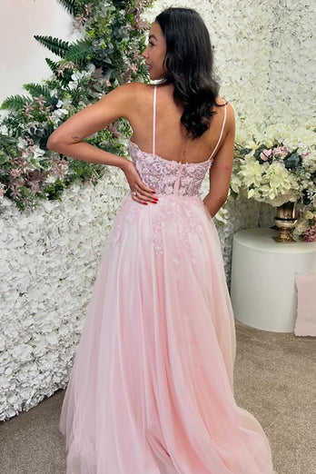 Sparkly Pink Floral Tulle Appliqued Long Formal Dress