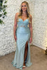 Load image into Gallery viewer, Sparkly Sky Blue Corset Spaghetti Straps Long Formal Dress with Slit