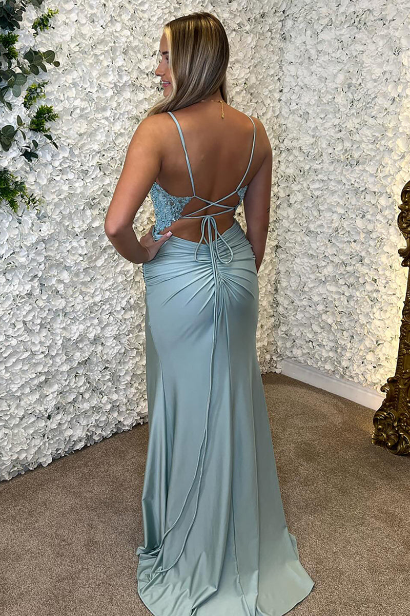 Load image into Gallery viewer, Sparkly Sky Blue Corset Spaghetti Straps Long Formal Dress with Slit