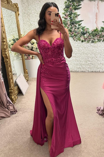 Sparkly Fuchsia Corset Appliqued Long Formal Dress with Slit