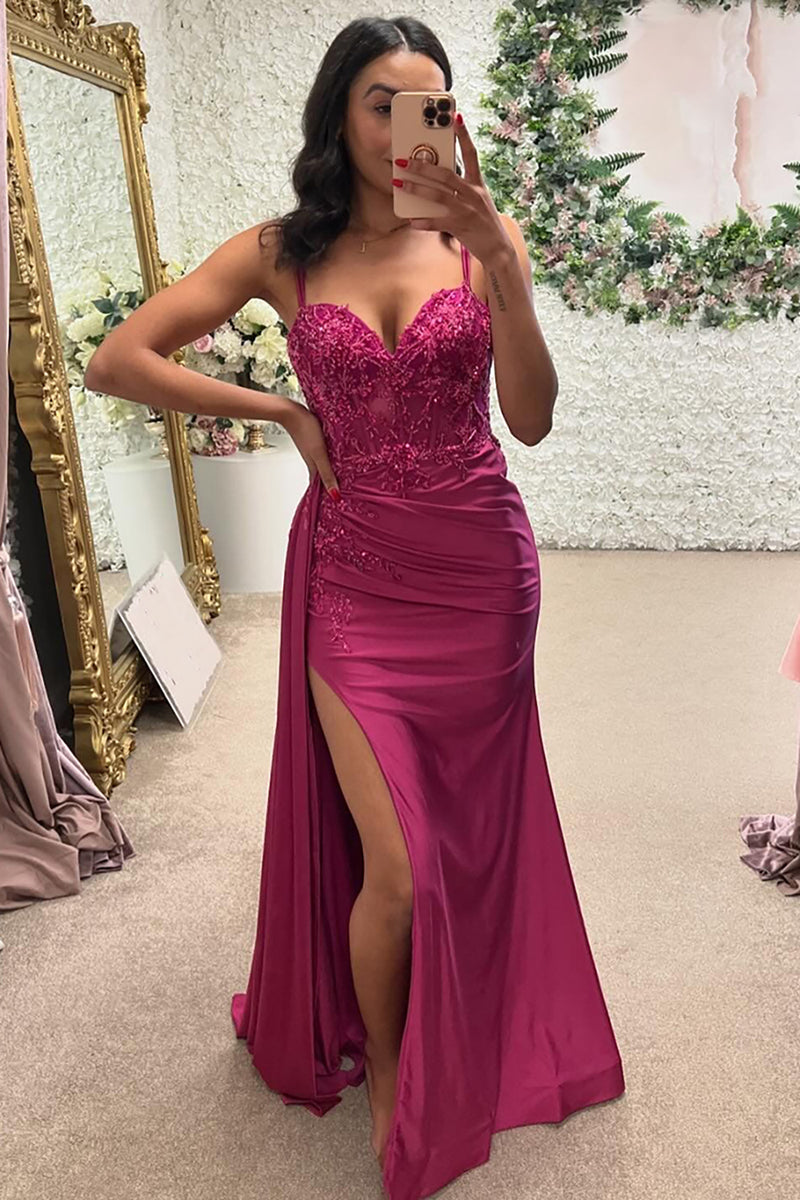 Load image into Gallery viewer, Sparkly Fuchsia Corset Appliqued Long Formal Dress with Slit