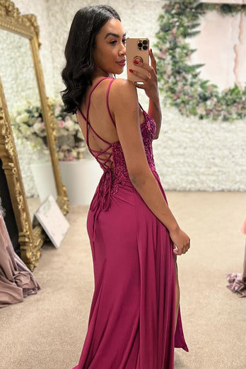 Sparkly Fuchsia Corset Appliqued Long Formal Dress with Slit