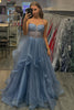 Load image into Gallery viewer, Sparkly Grey Blue Corset Tiered Long Formal Dress with Appliques