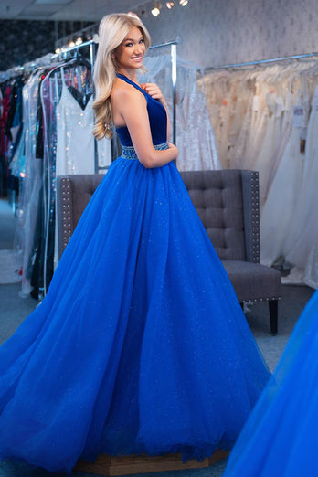 Sparkly Royal Blue A-Line Long Formal Dress with Beading