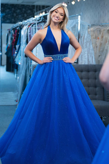 Sparkly Royal Blue A-Line Long Formal Dress with Beading