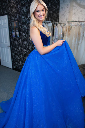 Sparkly Royal Blue A-Line Long Formal Dress with Beading