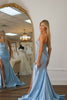 Load image into Gallery viewer, Sparkly Blue Corset Strapless Long Formal Dress with Lace