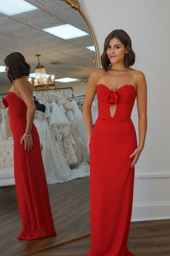 Red Mermaid Strapless Keyhole Long Formal Dress with Flower