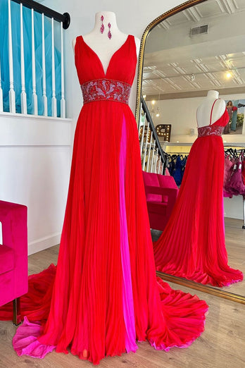 Sparkly Red Appliqued Pleated Long Formal Dress with Slit