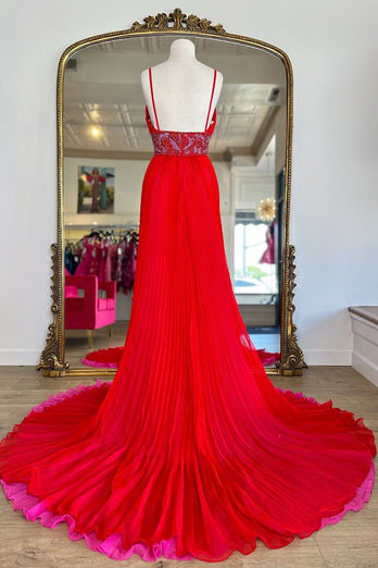 Sparkly Red Appliqued Pleated Long Formal Dress with Slit