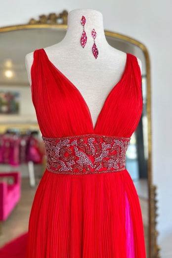 Sparkly Red Appliqued Pleated Long Formal Dress with Slit