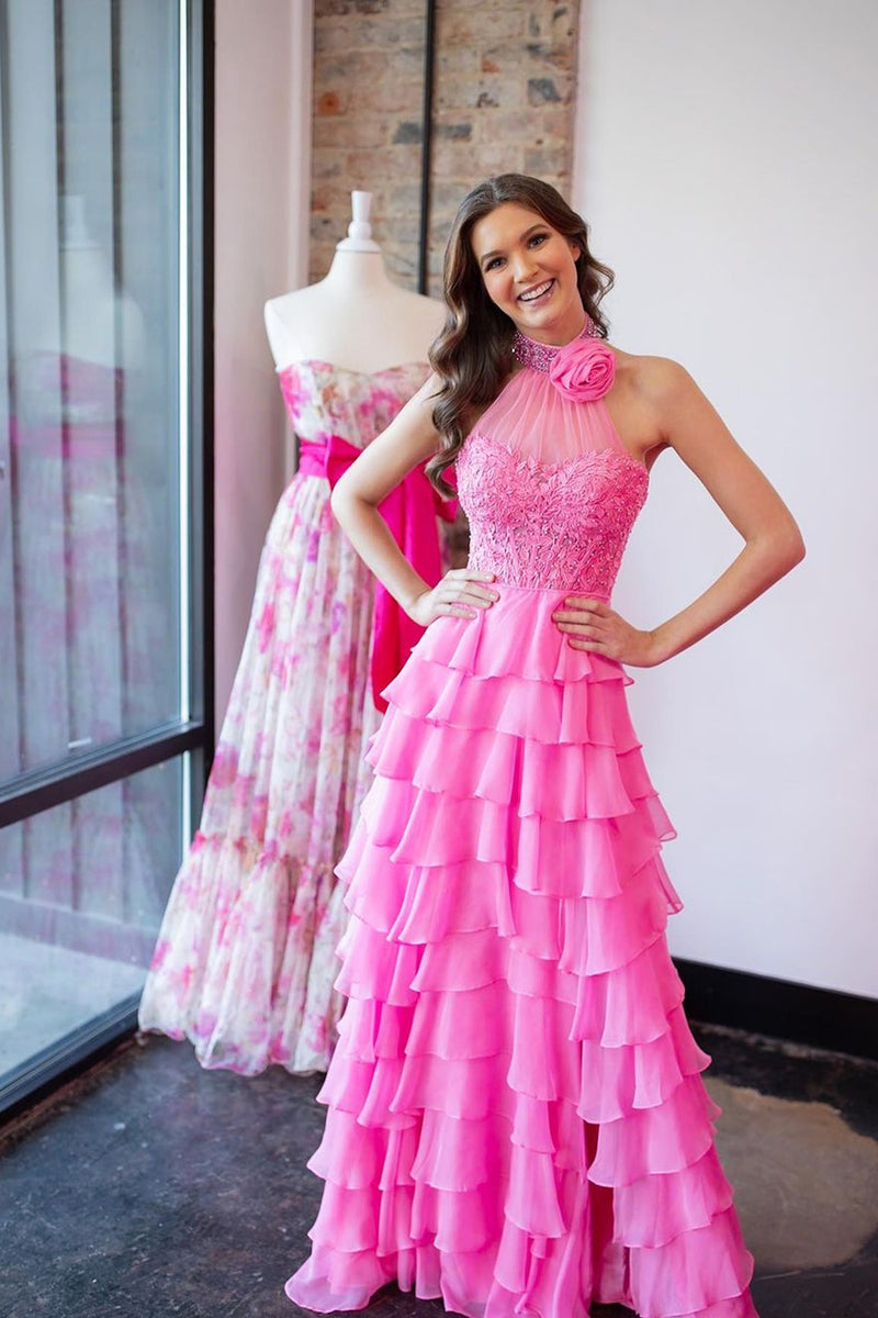 Load image into Gallery viewer, Hot Pink Corset Halter Long Formal Dress with Flower