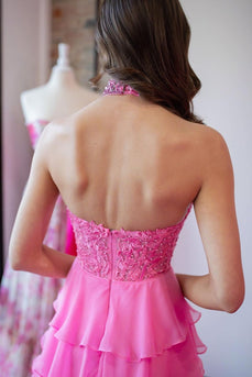 Hot Pink Corset Halter Long Formal Dress with Flower