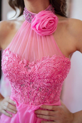 Hot Pink Corset Halter Long Formal Dress with Flower